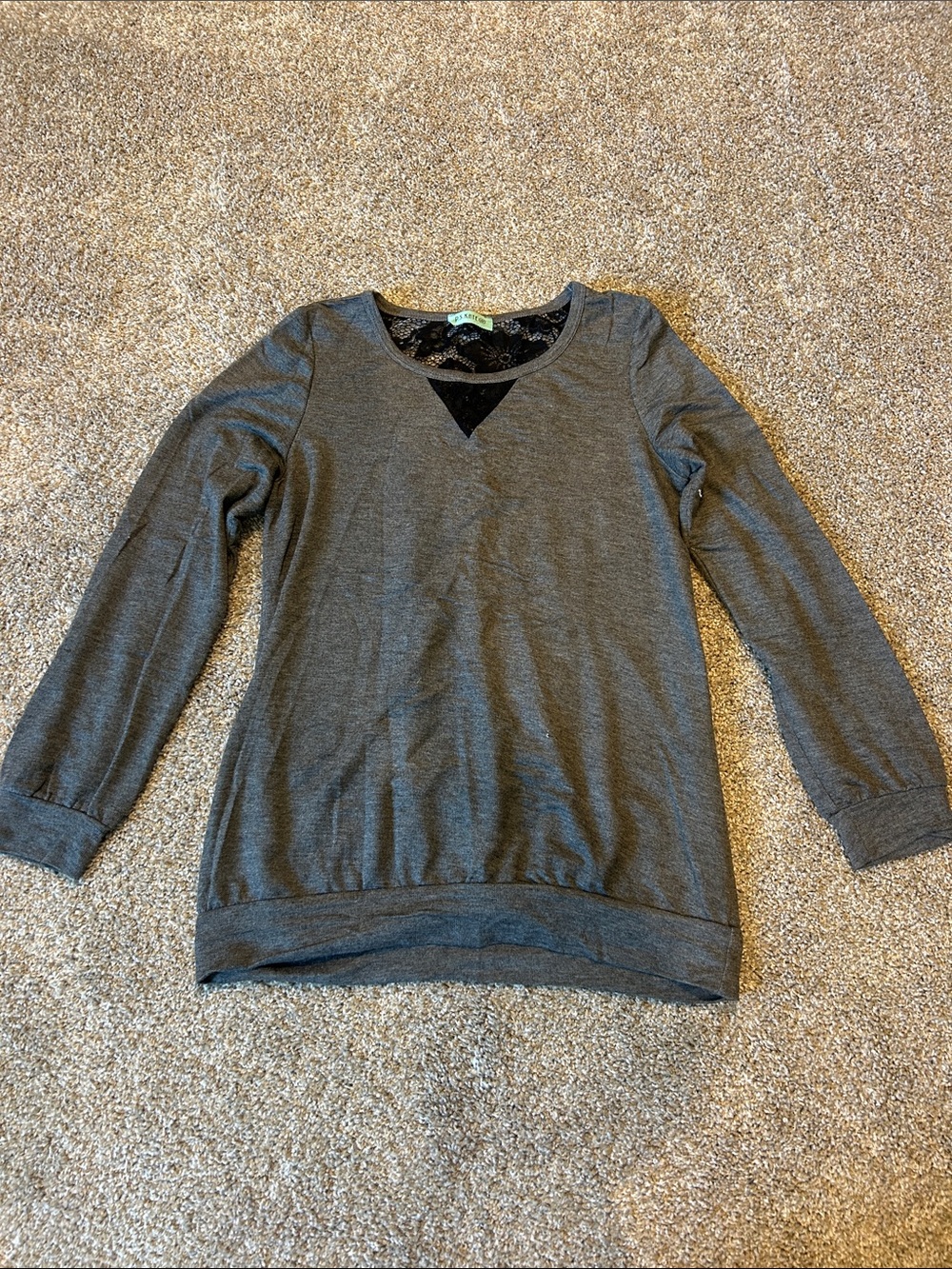 Gray Long Sleeve Women's Top with Lace Trim